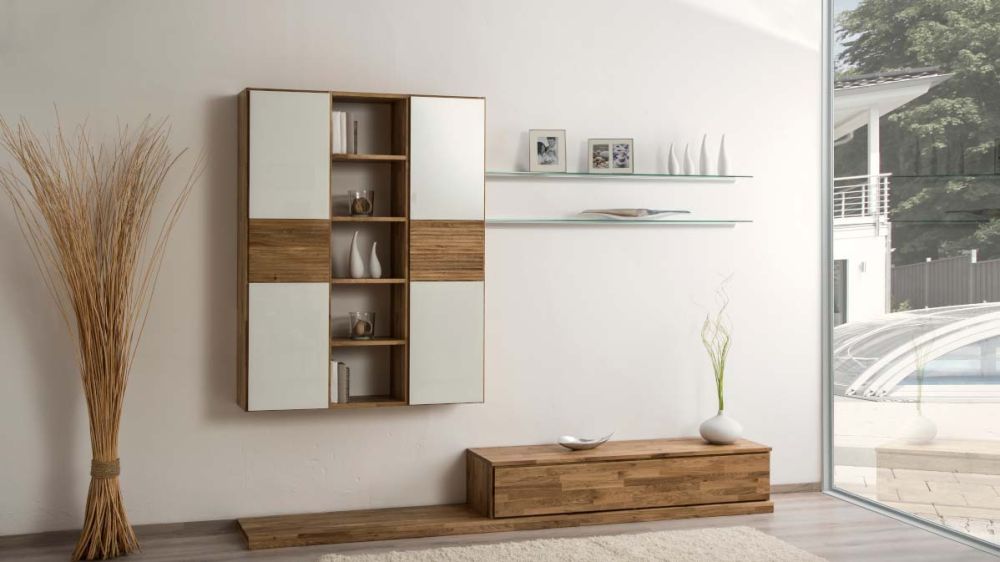 Weiß/Holz Wohnwand mit Hängeschränken