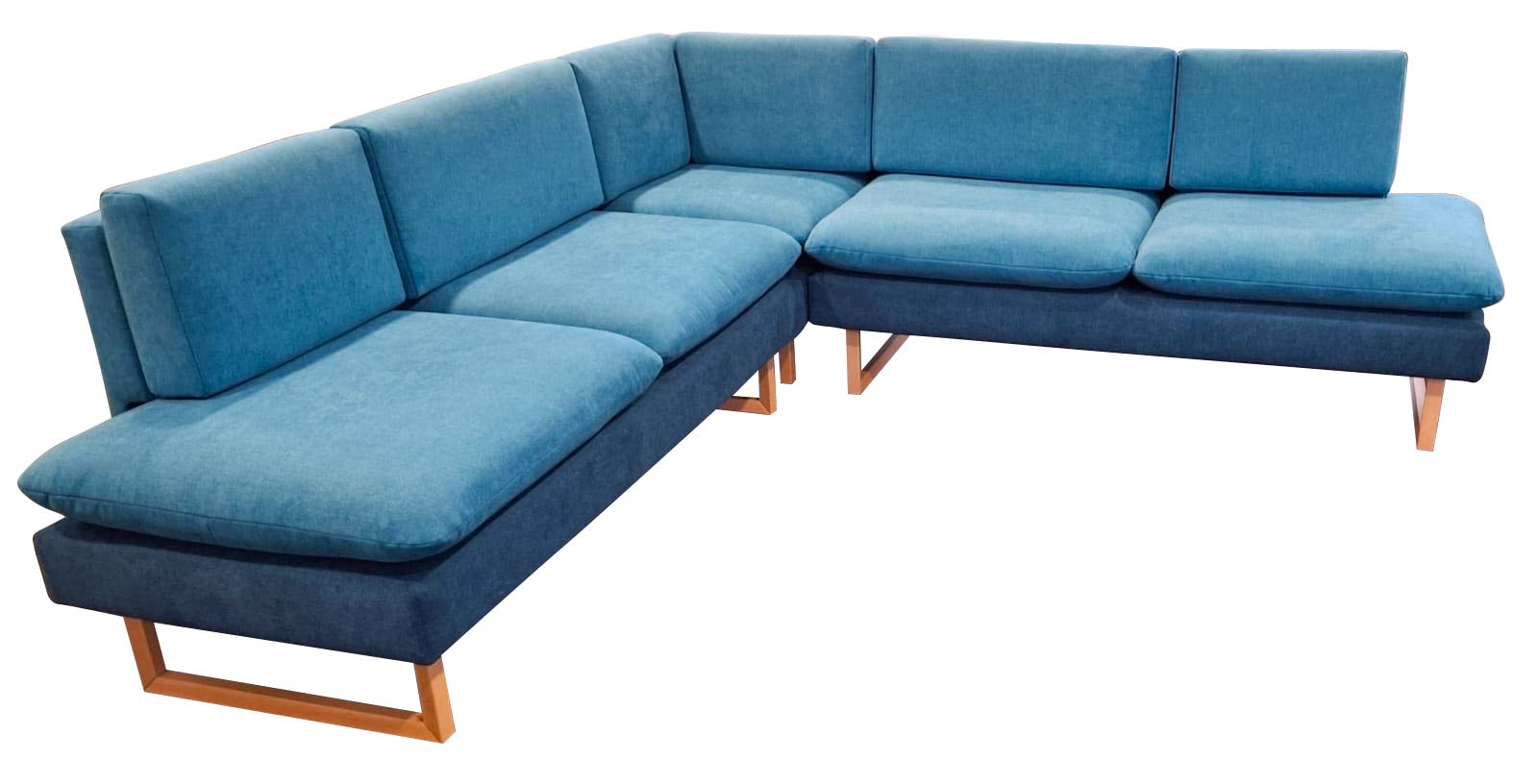 Ecksofa in blau mit Holzfüßen